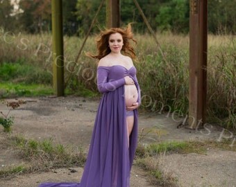 Claire lilac chiffon maternity gown with sleeves/sheer maternity/bridal gown/modeling/senior prop/maternity prop