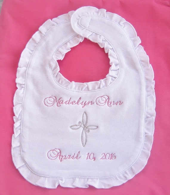 Baptism Bib Monogrammed Blush Pink and White by nanarosedesigns