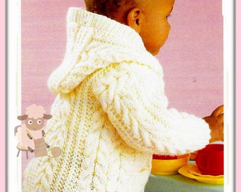 PDF Knitting Pattern - Babies/Childs Hooded Jacket or Coat in Aran Wool 18"-28" Chests - Instant Download