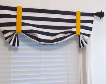 Nautical Tie Up Valance Lined Curtain Navy Blue White Yellow/ Custom Sizing Available!