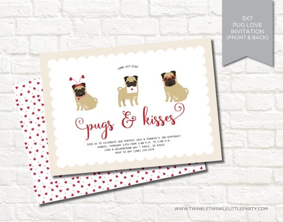 Pugs and Kisses Valentine's Day Puppy Dog Digital Birthday Party Invitation Il_570xn