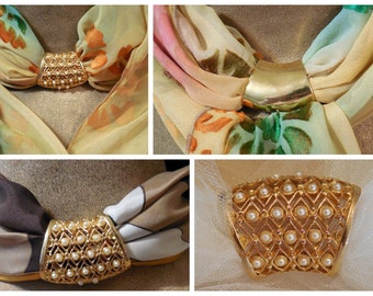 Pearl Scarf Slide, 1960-70s Scarf Slide, Faux Pearls set in ornate gold Lattice, Vintage Costume Jewelry, Scarf Accessories, Scarf Slides
