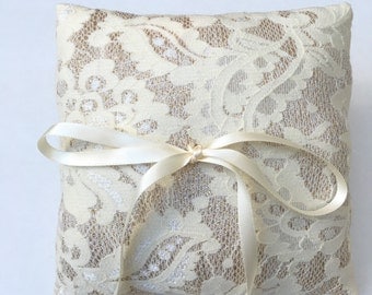 Ready to Ship SALE - Handmade Wedding Ring Bearer Pillow, gold and ivory lace, Lace Ring Pillow, Ornate, Classy, Timeless