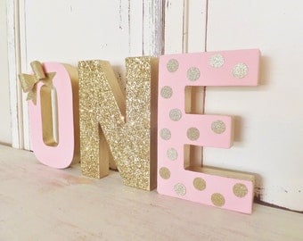 8" Birthday "ONE" Letter Set Free Standing Photo Prop / Table Decor with Gold Glitter BOW ~ Pink & Gold