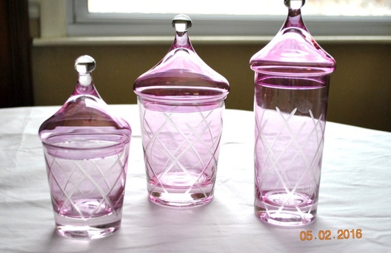 Vintage Light Pink Flashing Cut Apothecary Jars