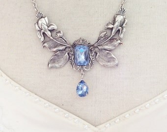 Necklace light blue silver floral necklace Bridal necklace Victorian necklace Victorian jewelry Flower necklace statement necklace