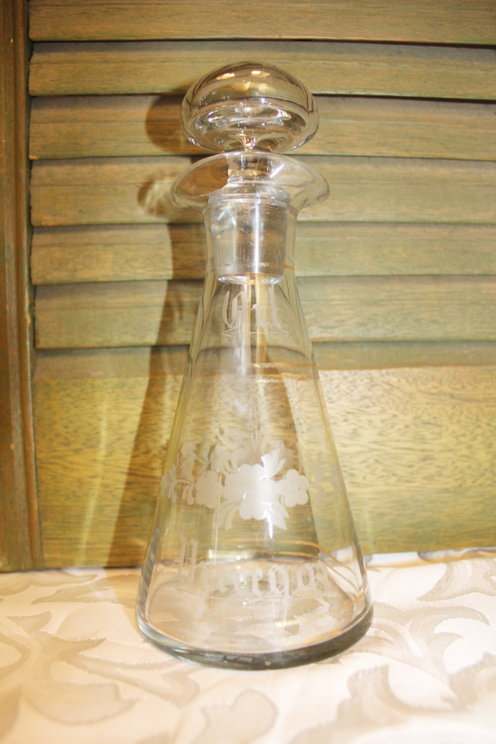 Antique Etched Cut Glass Cruet Oil Vinegar Bottle with