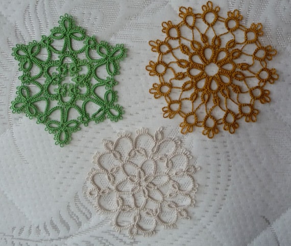 Three handmade Lace Coasters - three handmade doilies - home decor - tatting coasters