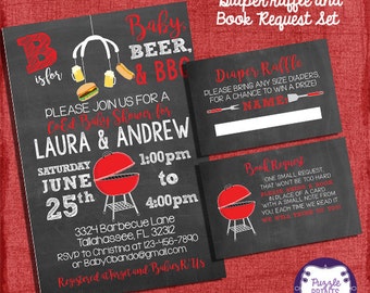 BBQ Baby Shower Invitation Set -Invite + Diaper Raffle Ticket + Book Request - Chalkboard Style - I design you print