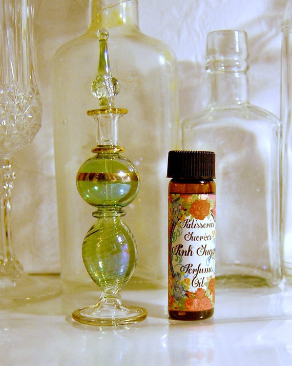 Perfume bottle, Perfume oil Pink Sugar, Egyptian hand blown glass perfume bottle and one half ounce of perfume oil in Pink Sugar, vanity