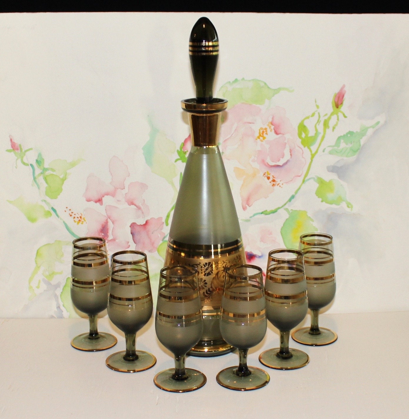 Vintage Green Floral Wine Decanter Set by cocoandcoffeevintage