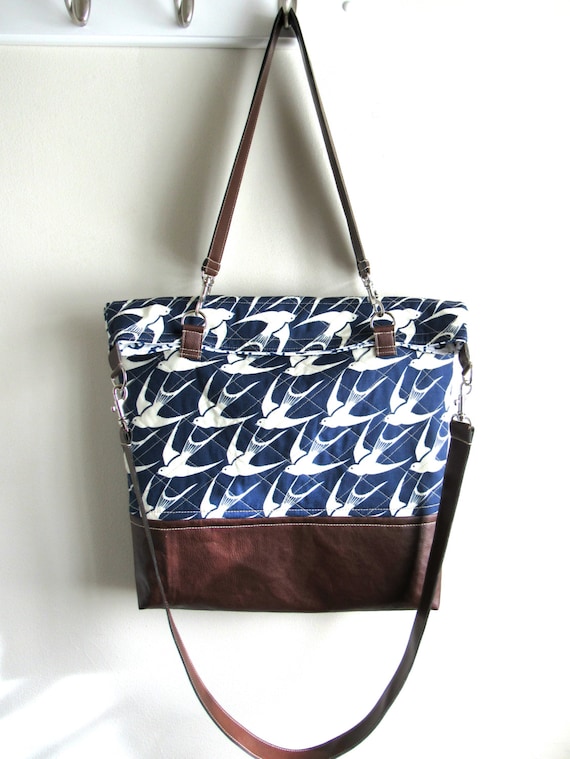 Navy foldover handbag Foldover cross body bag Bird handbag