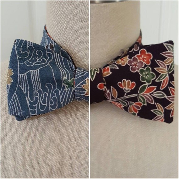 Silk selftie bow tie Vintage Japanese kimono silk two