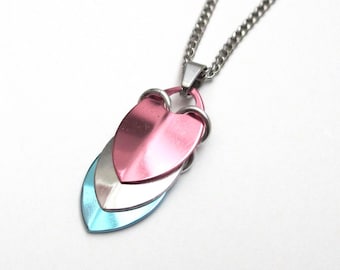 Transgender pride pendant necklace, chainmail scale pendant, trans pride jewelry, pink, white, light blue