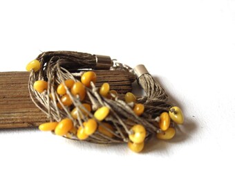 Boho bracelet / amber bracelet / linen cord bracelet/ yellow amber bracelet