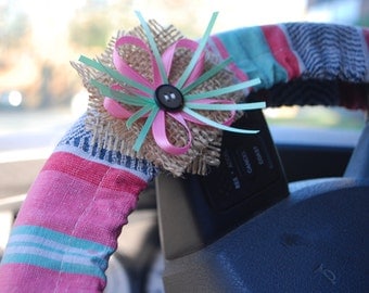 Steering Wheel Cover Pastel green, pink, grey tex/mex patterned