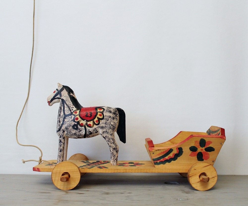 Vintage Folk Art Horse and Carriage Figurine Wooden Pull Toy