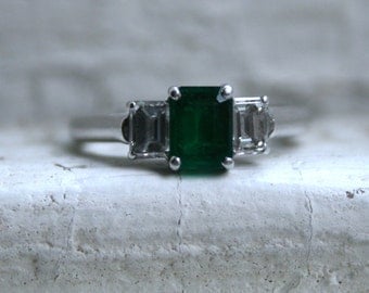 Vintage Platinum/ 18K White Gold Emerald Cut Diamond and Emerald Three Stone Engagement Ring - 1.25ct.