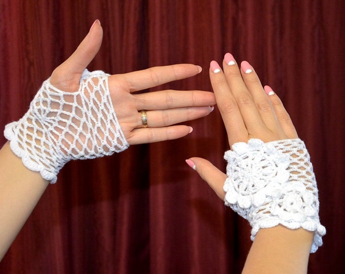 Ready to ship: Evening crochet gloves with 2 flower designs, wedding, special occasion,