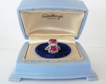 Art Deco Celluloid Ring Box Blue with White Etched Flowers Lady and Deco Design Vintage Blue Ring Box Holder from TreasuresOfGrace