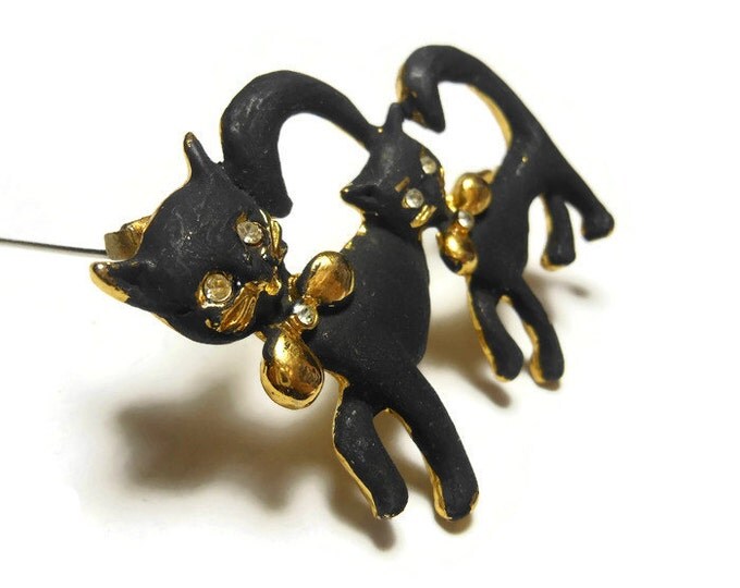 FREE SHIPPING Black cats brooch pin, black enamel pair, mother and child, rhinestone eyes, gold tone base, gold collar, small, animal lover