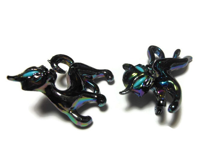 SALE Iridescent black cat brooch pair, pair of kitty kitten opalescent scatter pins, brooches with turquoise colored eyes, Siamese if you...