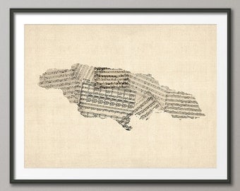 Jamaica Old Sheet Music Map Caribbean, Art Print (2382)
