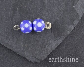 Pair round blue spotty lampwork glass beads. Earring pair