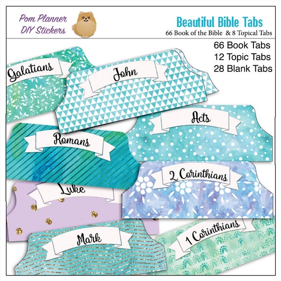 Beautiful Watercolor & Glitter Bible Tabs or Bible Journalling / 66 Books of the Bible BONUS: Blank & Character Tabs