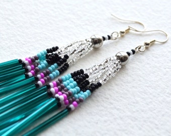 Authentic Native American Beaded Earrings - Duster Earrings - Teal Clear - Free Shipping