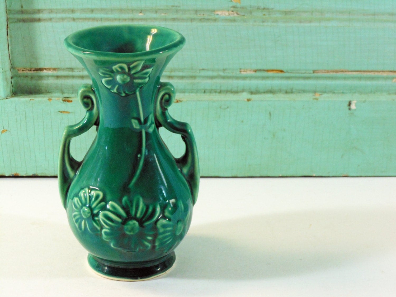 Vintage Green Pottery Daisy Vase Made in USA