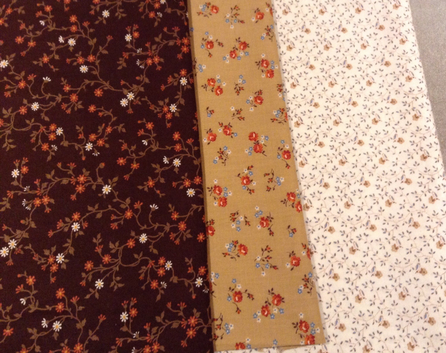 Vintage Calico fabric bundle of three fabrics Brown, 3.3 yards total