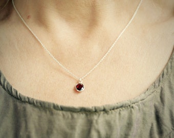 Garnet Necklace, Sterling Silver Necklace, Garnet Pendant, January Birthstone, Red Pendant Necklace, Tiny Dark Red Necklace, Girlfriend Gift