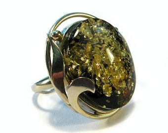 Natural Baltic green amber ring.