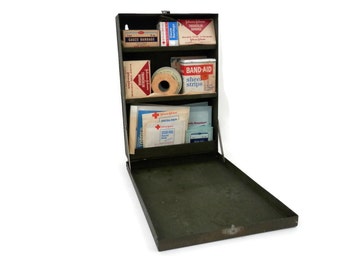 Military First Aid Kit Wall Mounted Metal with Original Paint and Handle by MacGill