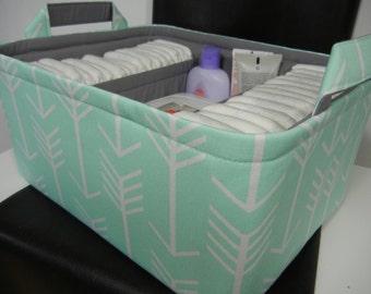 Ex Large Diaper Caddy-14"x 10"x 7"(CHOOSE Basket & Lining COLOR)Two Dividers-Baby Gift-Fabric Storage Organizer-"Mint Arrow"