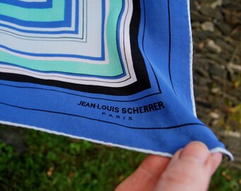 Fab Vintage French Paris Jean-Louis Scherrer signed Designer Silk Scarf / Foulard-Geometric,Shades of Blue,Mint Green & Black Highlights
