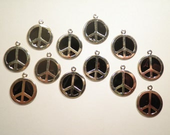 12 Silverplated Black Enameled Peace Sign Charms Pendants