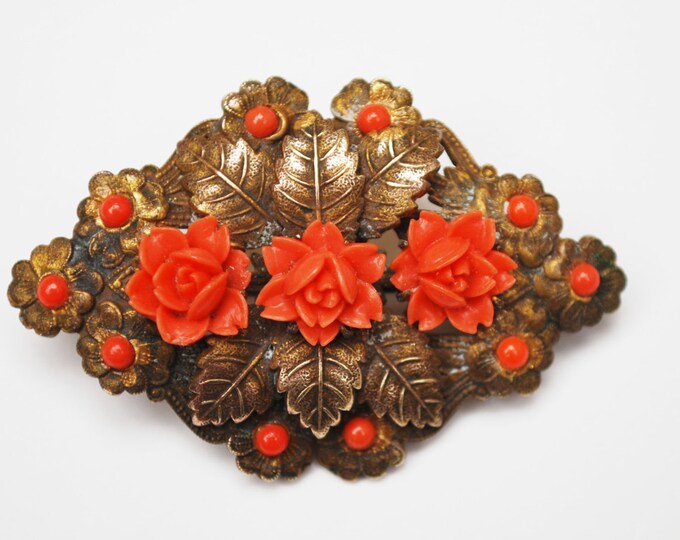 Coral celluloid flower Brooch Golden Brass leaf Art Nouveau Pin