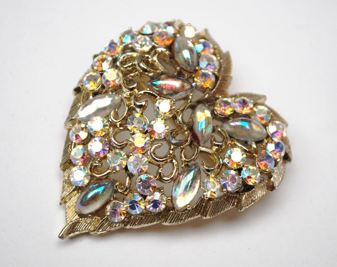 Coro Rhinestone Heart Brooch - Crystal glass cabochons - Aurora borealis rhinestone pin