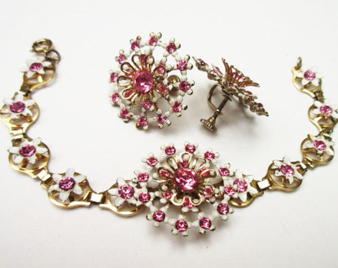 Vintage Bracelet and Earring set Pink rhinestone and white Enamel flowers