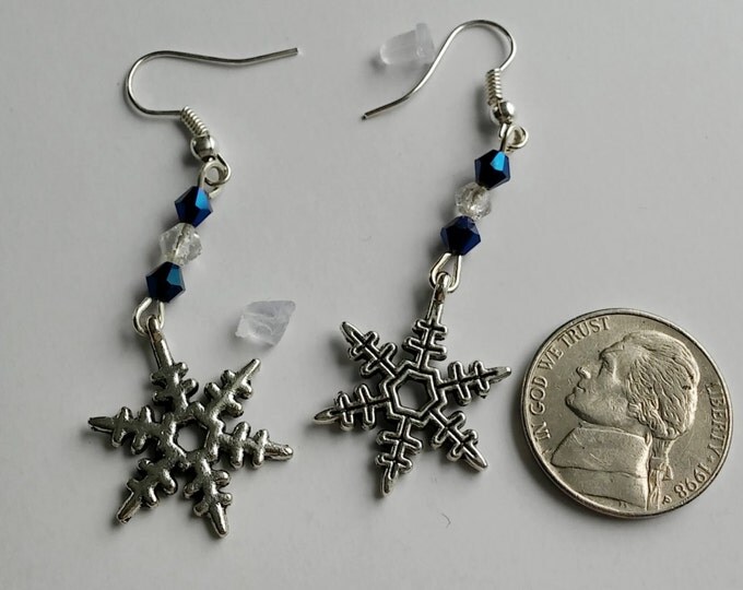 Snowflake Earrings Long 2" Dangle Blue, Clear Crystal, Silver Plated Hooks, Handmade Winter Earrings Swarovski CollegeDreaminKid #1687