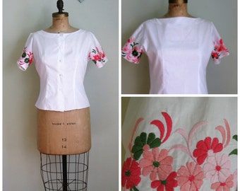 White 1960's Cotton Blouse with Embroidered Floral Sleeves// Vintage// Mad Men