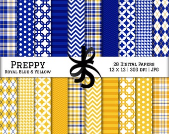 Digital Scrapbook Papers-Royal Blue and Yellow-Preppy-Navy Blue-Chevron-Argyle-Plaid-Stripes-Blue and Gold-Instant Download Clip Art