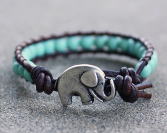 turquoise beaded leather wrap bracelet lucky elephant boho bohemian gypsy hippie yoga bracelet