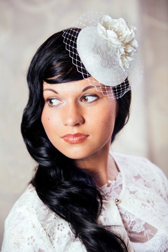 White Bridal Pillbox Hat with Silk Flowers and by RUBINAMillinery