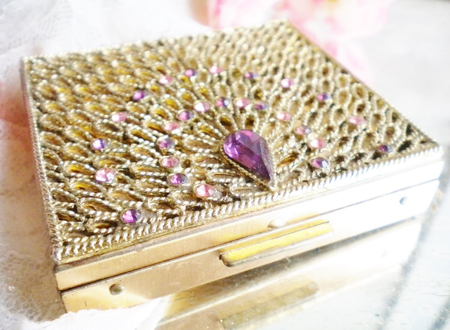 Compact Mirror Vintage Hollywood Regency Brass Ornate Compact