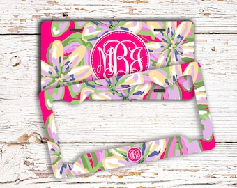 Floral front license plate, Monogram license plate frame, Pink and green flowers, Pretty car accessory for women, Personalized gifts (1698)