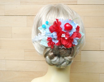 Red Aqua Blue Bridal Hair Comb, Red Blue Weddings Accessories, Bridesmaids Head Piece, Red Blue Bridal Hair Flowers, Nautical Beach Wedding