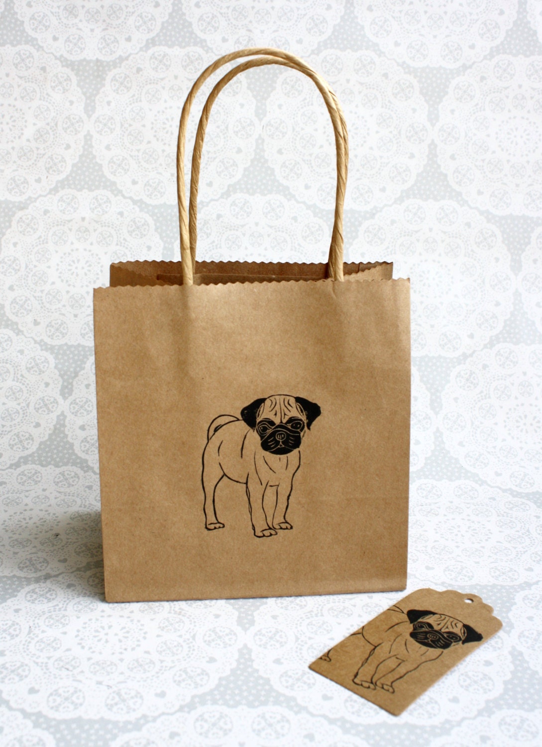 Pug gift bag set Small kraft bag with matching pug gift tag